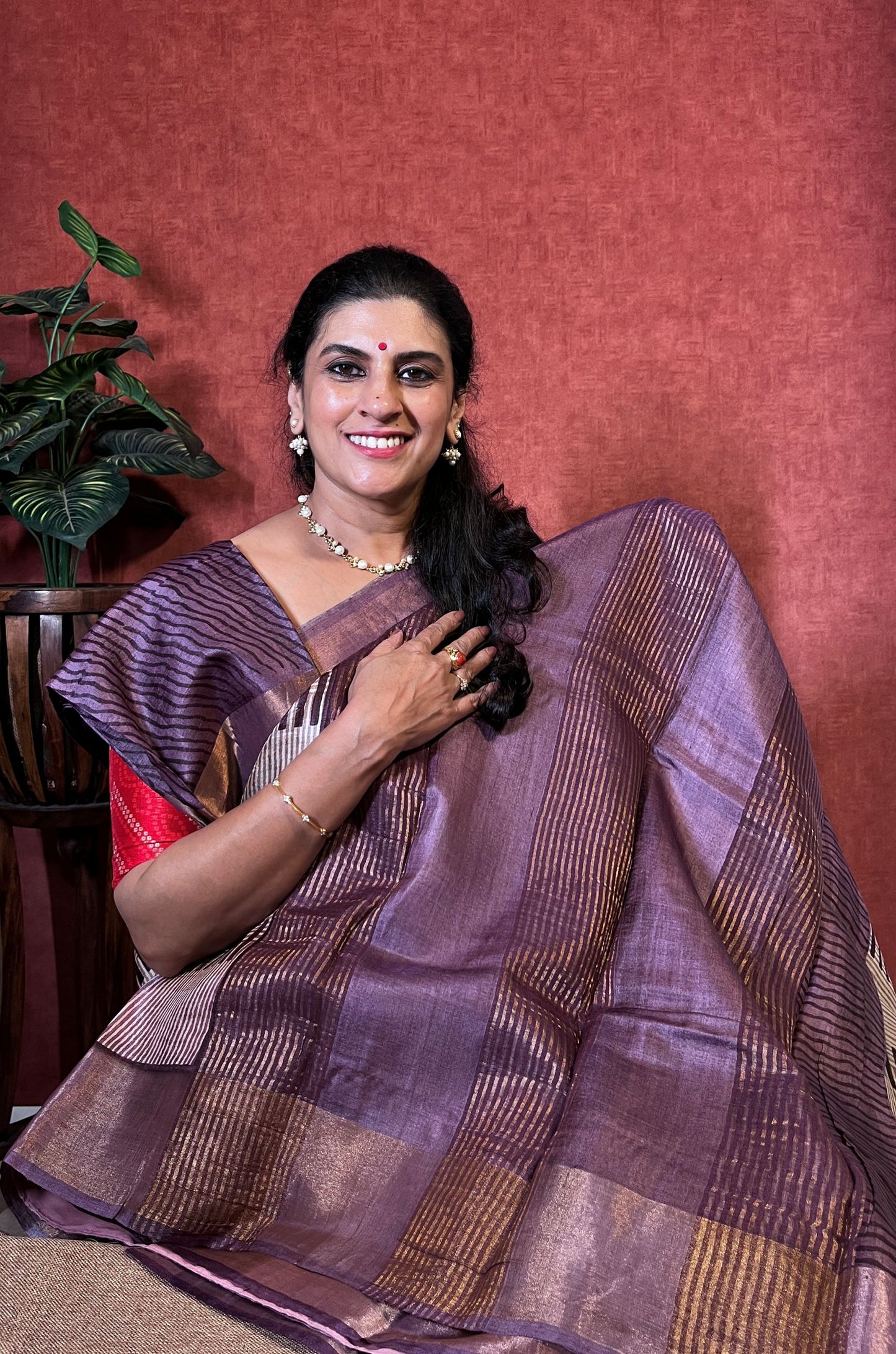 Pure Tussar - Purple with Offwhite Color Zari Border and Leheriya Blouse