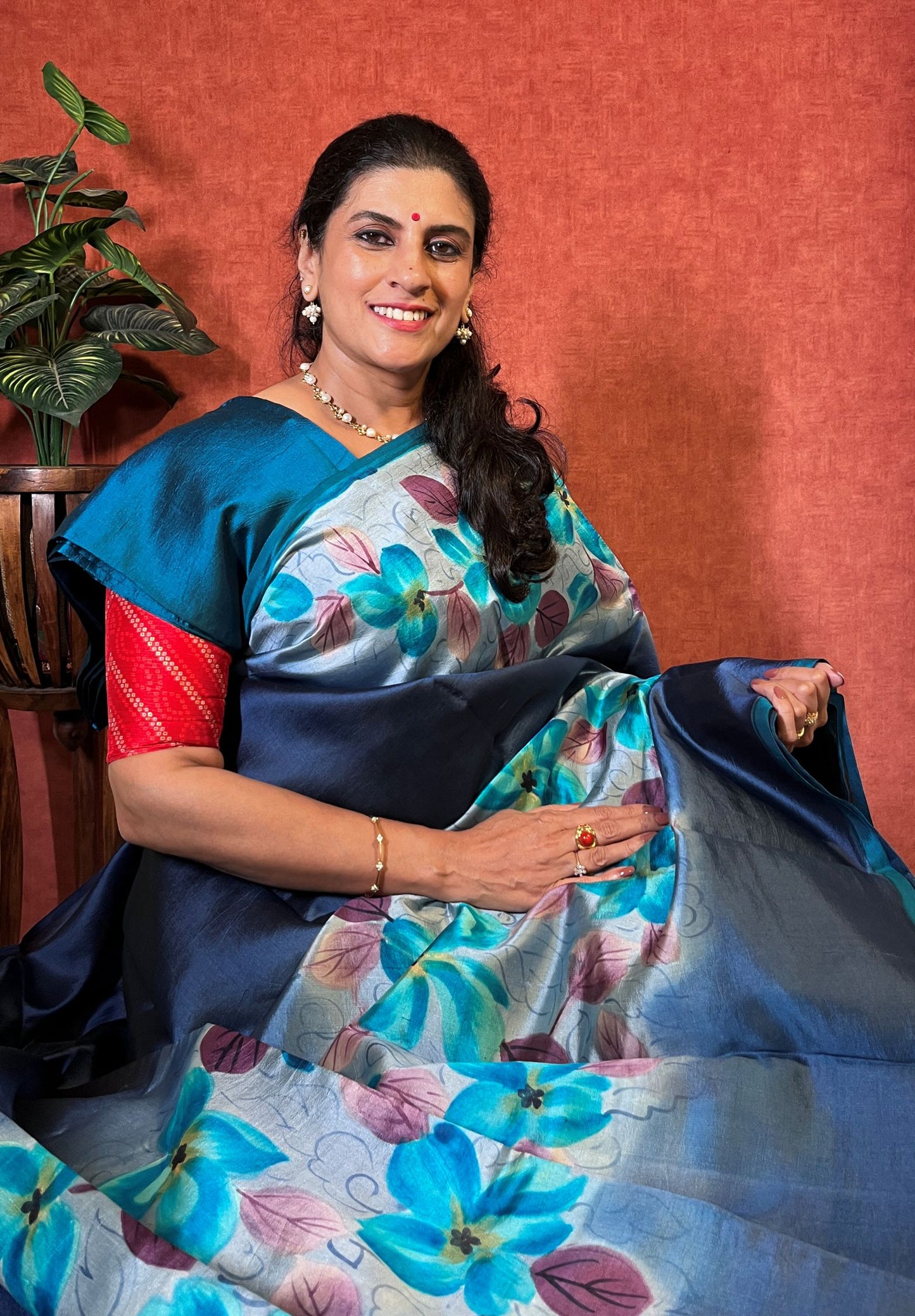 Pure Tussar SIlk - Midnight Blue Color with Floral Print