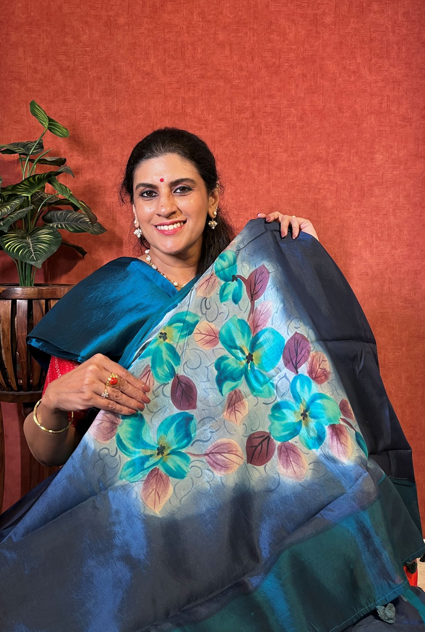 Pure Tussar SIlk - Midnight Blue Color with Floral Print
