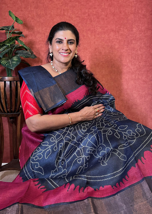 Pure Tussar - Magenta Color with Bandini Design