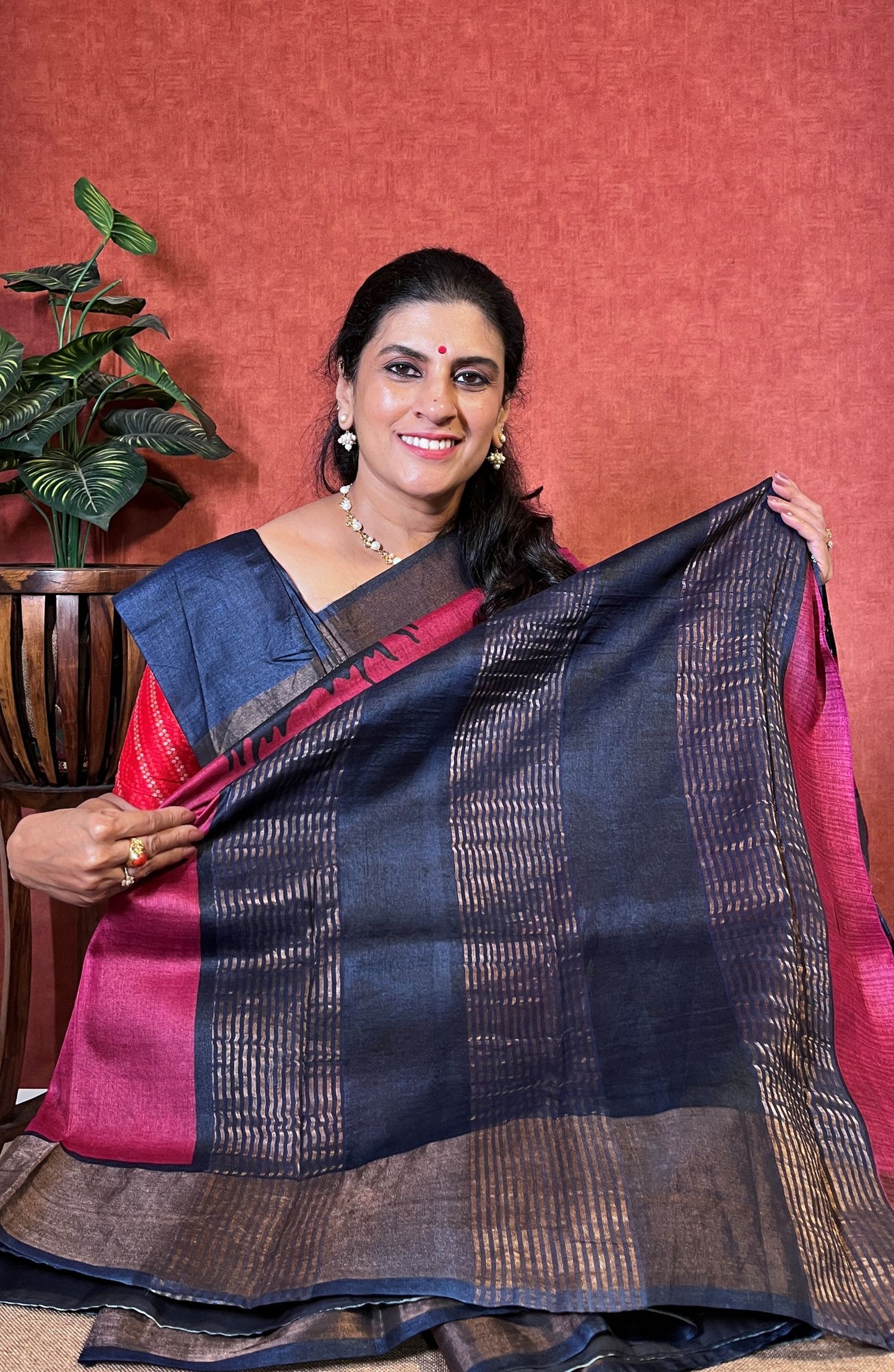 Pure Tussar - Magenta Color with Bandini Design