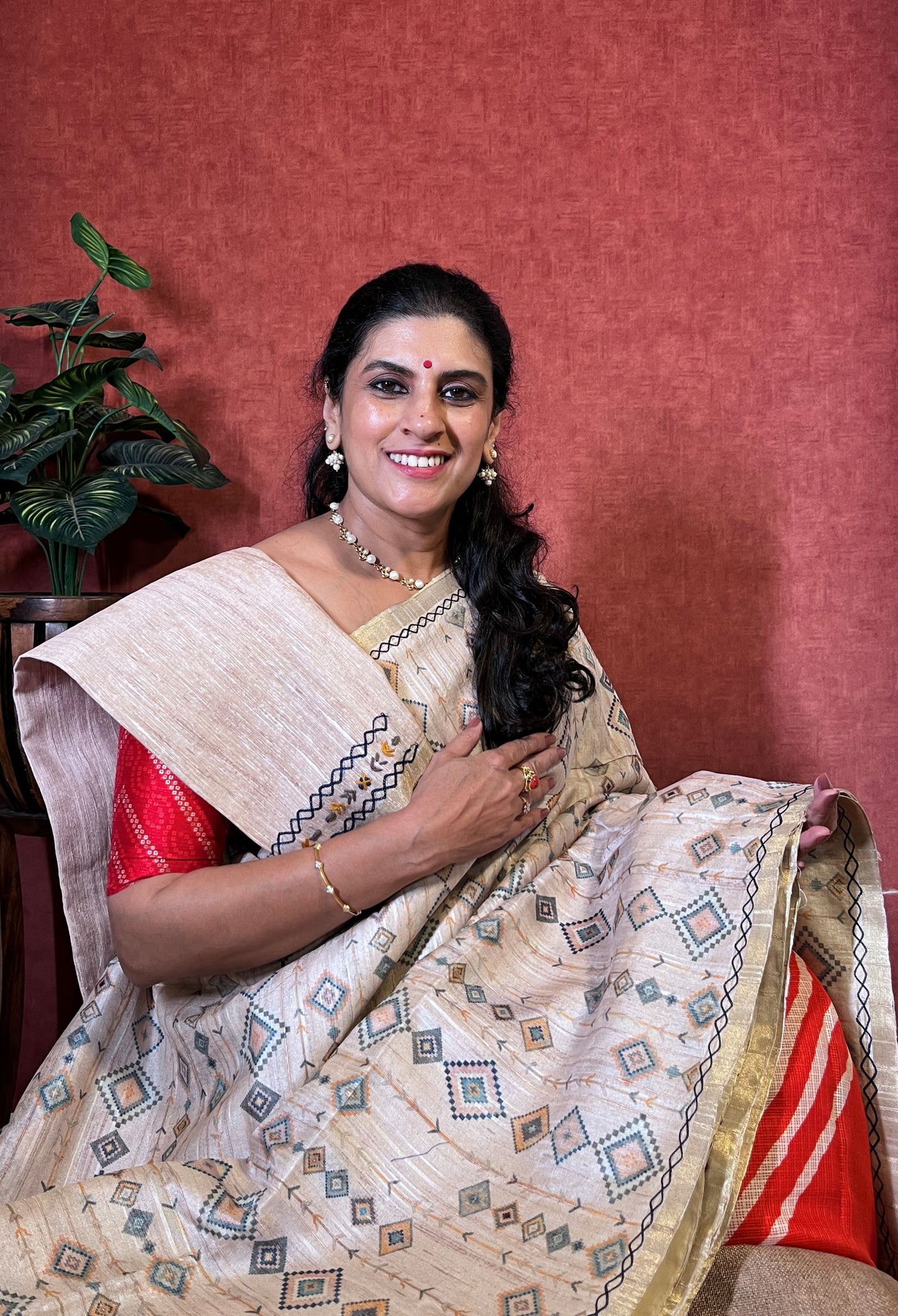 Semi Tussar Saree with Kantha Work Embroidery - Cream Color