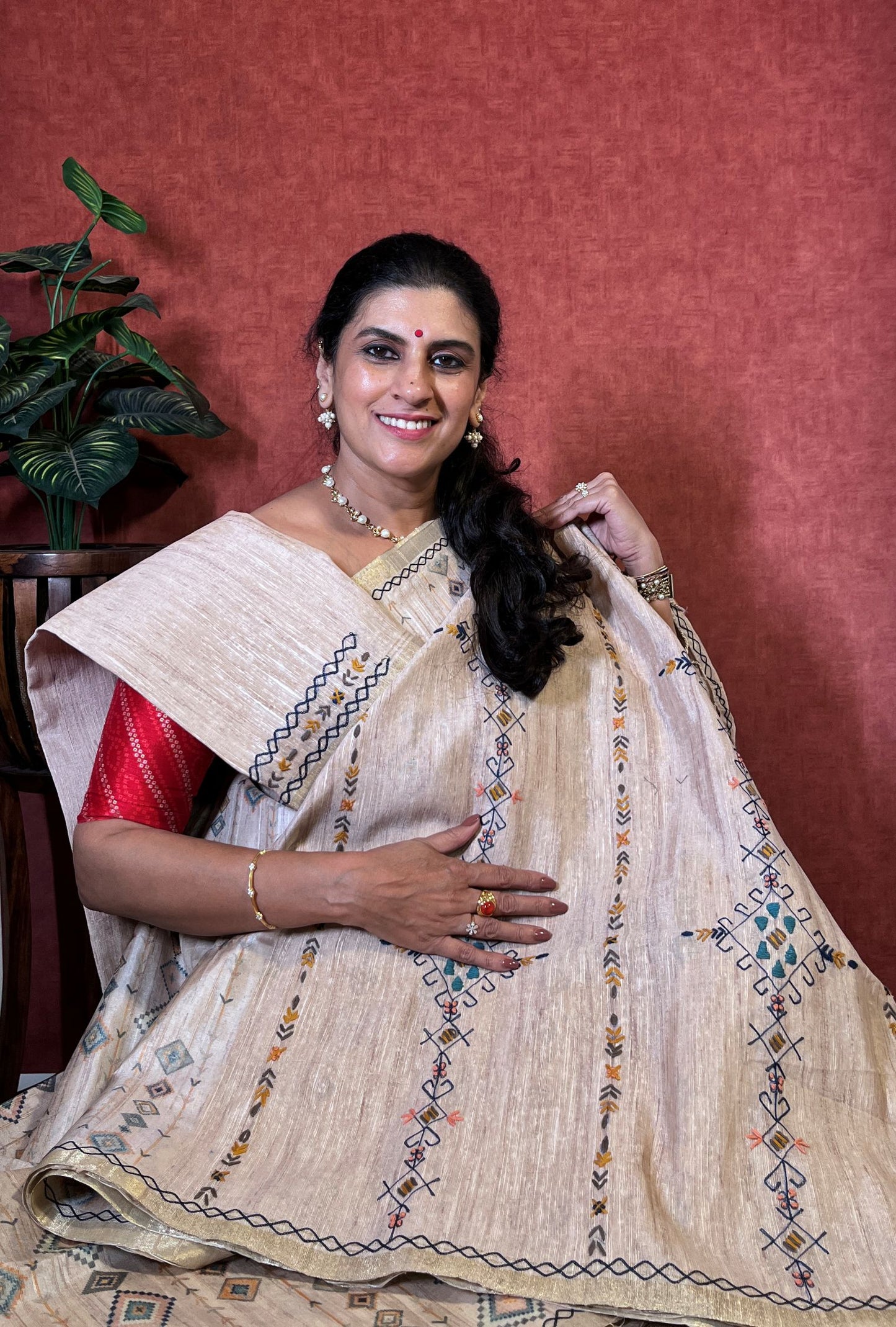 Semi Tussar Saree with Kantha Work Embroidery - Cream Color