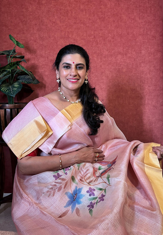 Pure Kota Saree - Pink Color with Satin Border and Hand Paint