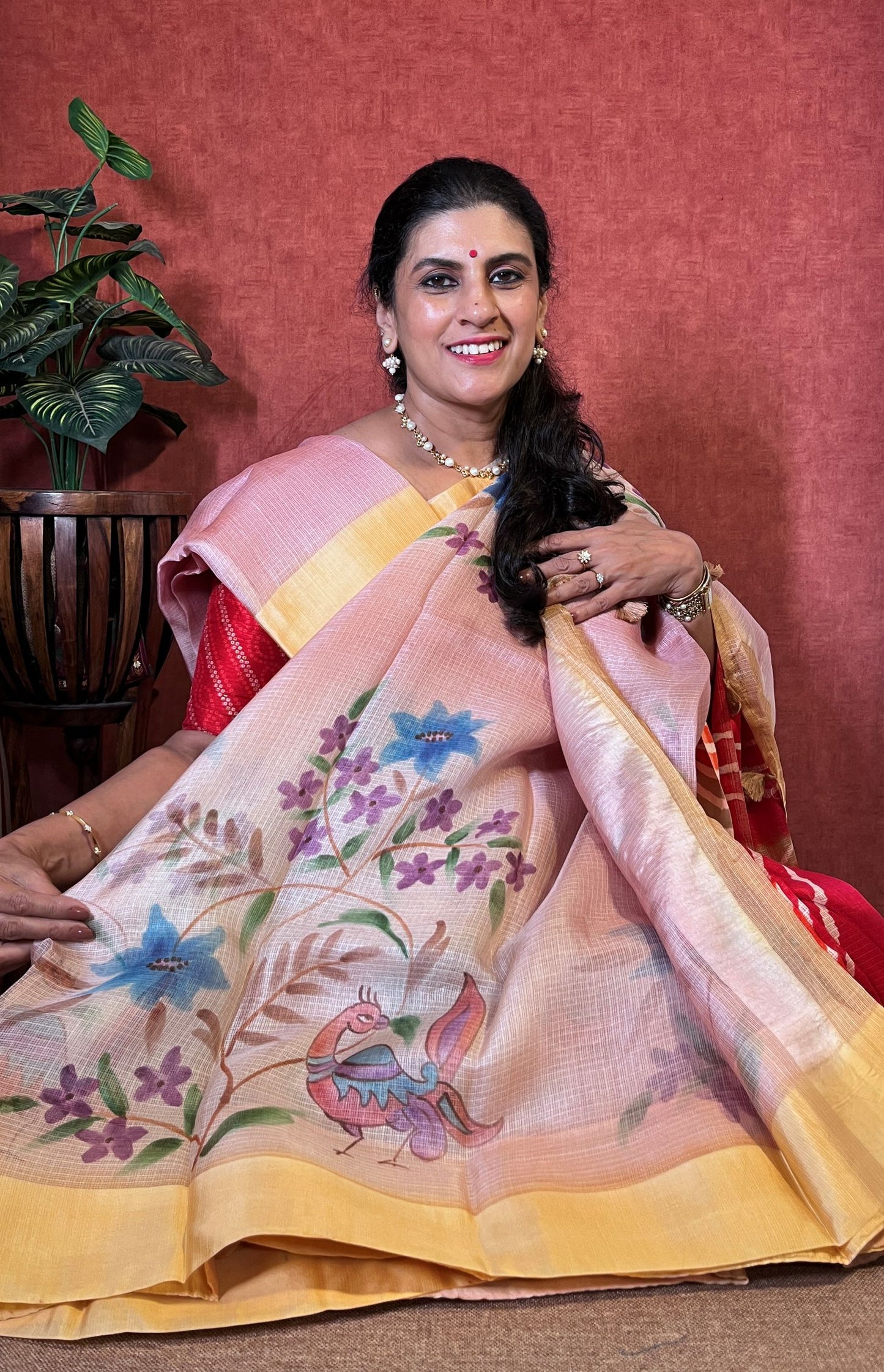 Pure Kota Saree - Pink Color with Satin Border and Hand Paint