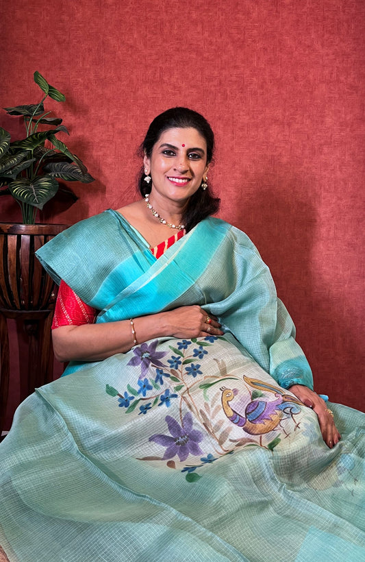 Pure Kota Saree - Pastel Blue Color with Satin Border and Hand Paint