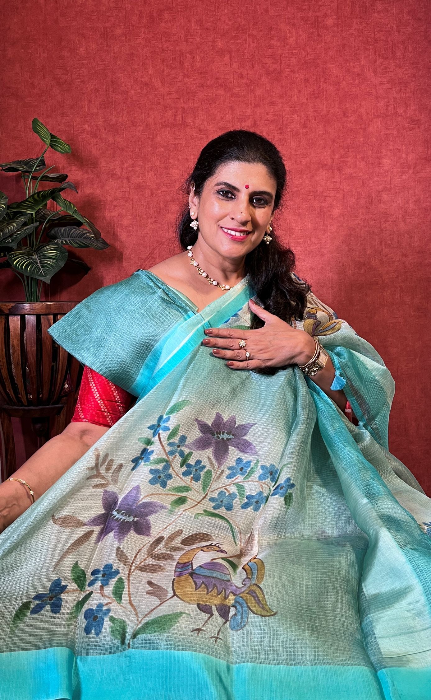Pure Kota Saree - Pastel Blue Color with Satin Border and Hand Paint