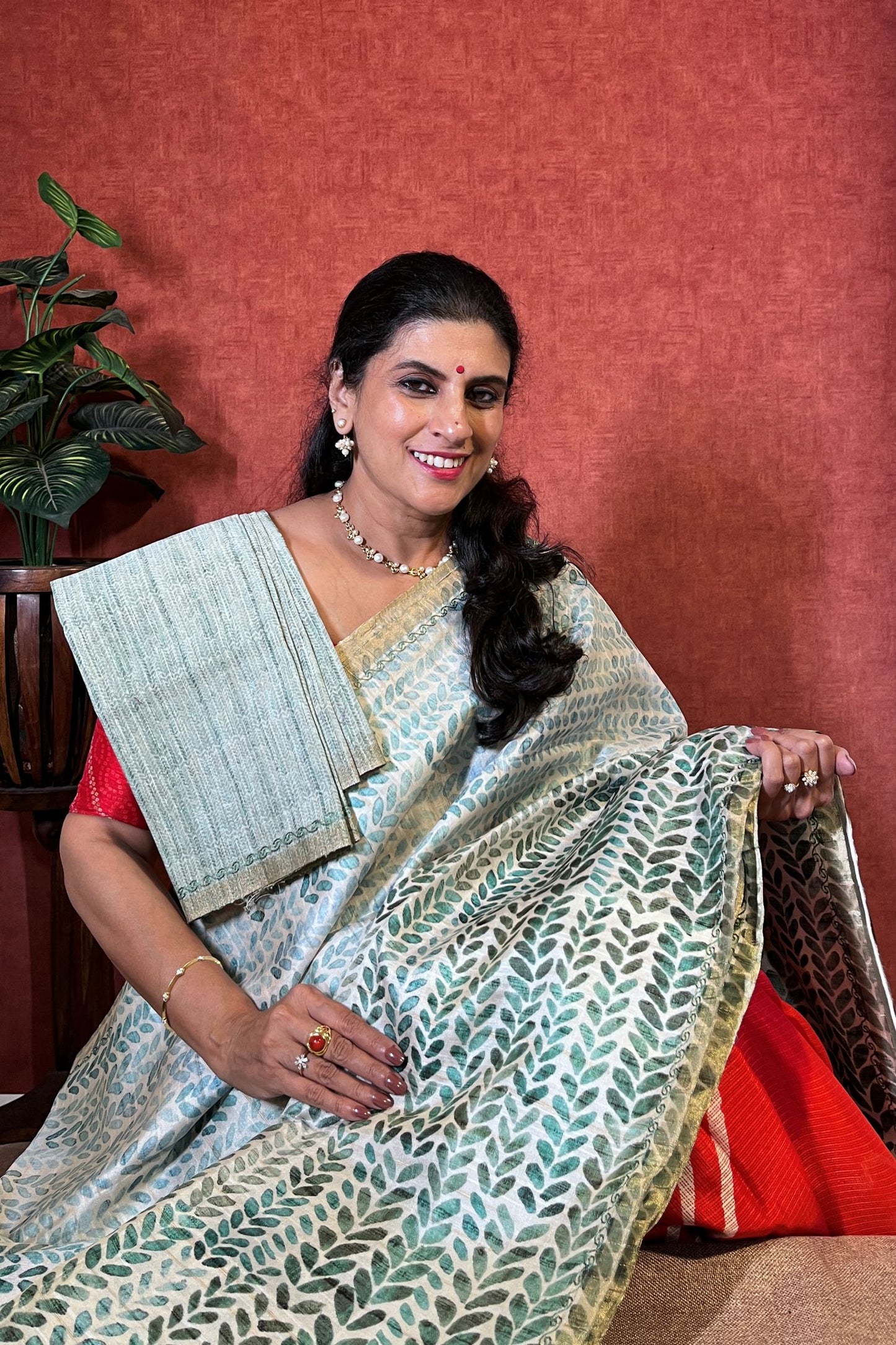 Semi Tussar Saree with Embroidery - Blue and Teal Green color