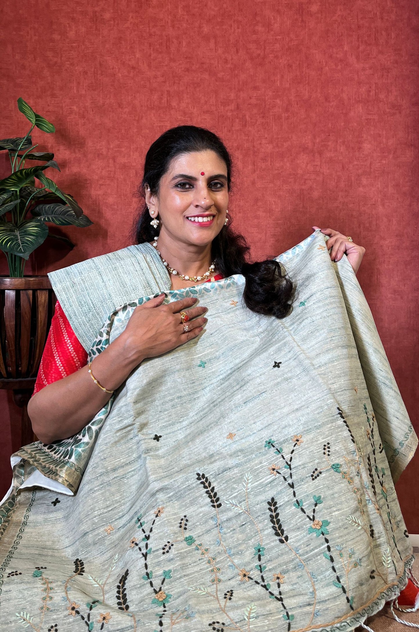Semi Tussar Saree with Embroidery - Blue and Teal Green color