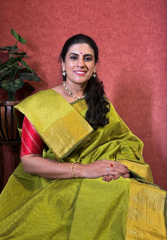 Kota Cotton Saree - Parrot Green Color with Zari Border