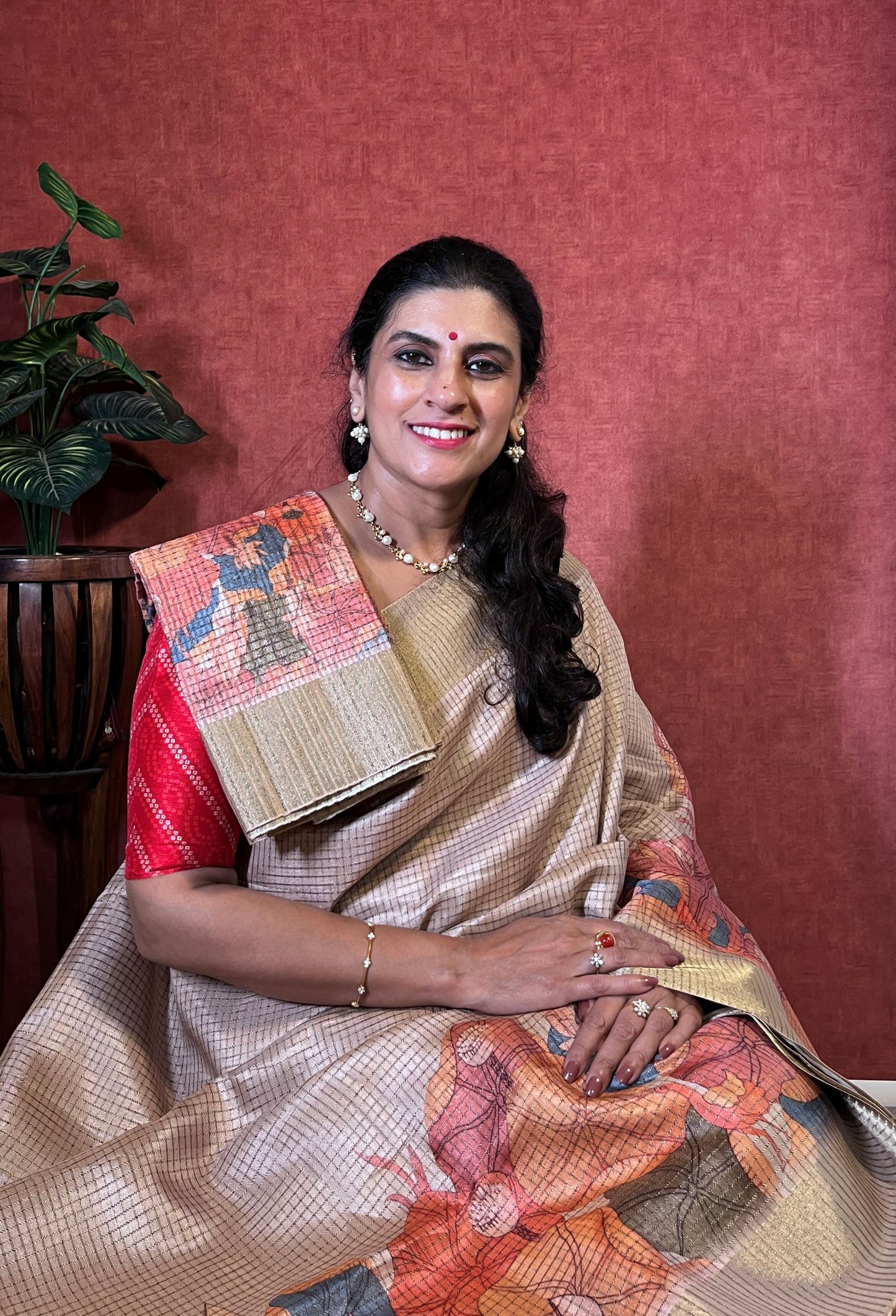 Semi Tussar with Digital Print - Pastel Peach Color