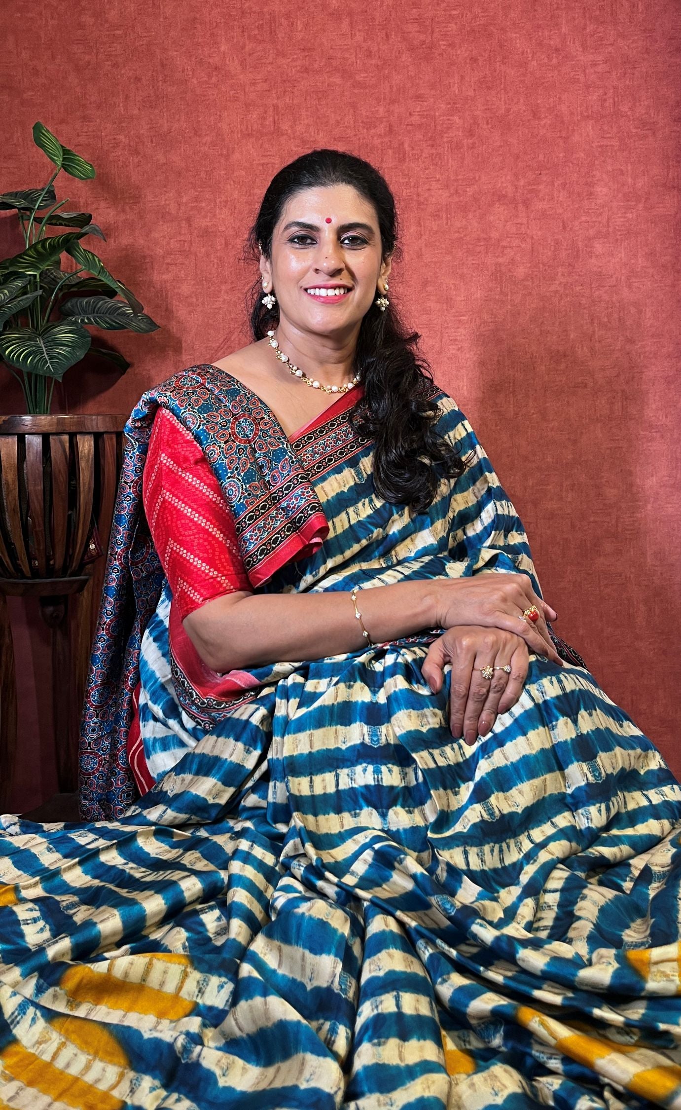 Modal Silk Saree with Ajrak Design - Mustard, Off White & Blue