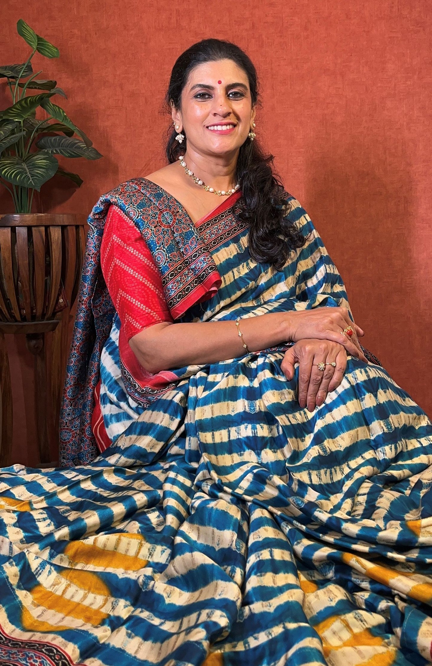 Modal Silk Saree with Ajrak Design - Mustard, Off White & Blue
