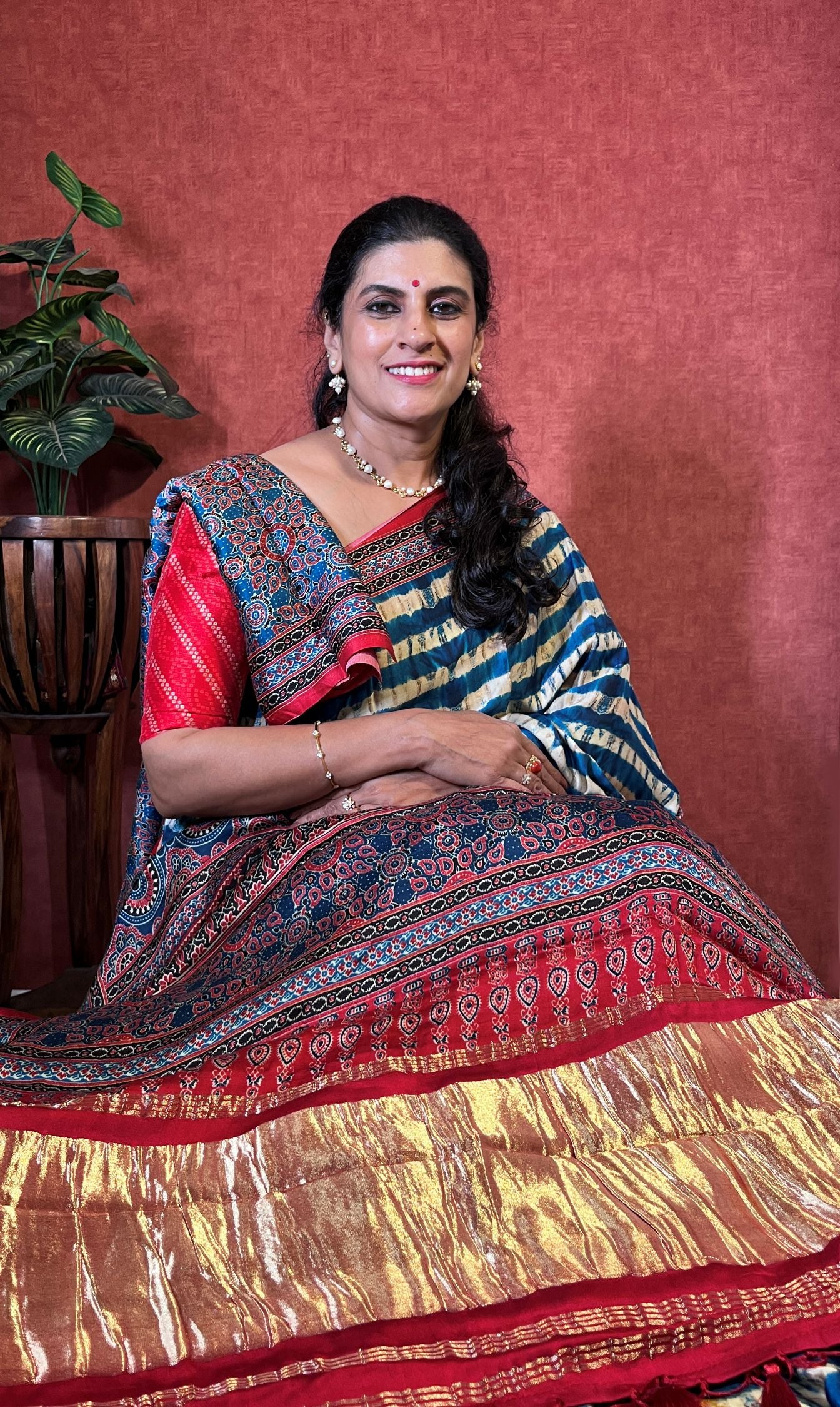 Modal Silk Saree with Ajrak Design - Mustard, Off White & Blue
