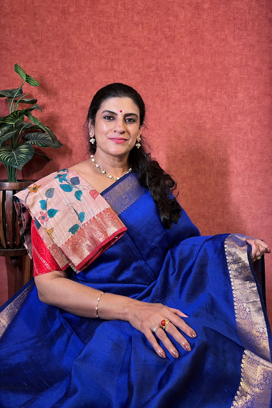 Pure Raw SIlk - Royal Blue Color with Kalamkaari Pallu and Zari Border and Printed Blouse