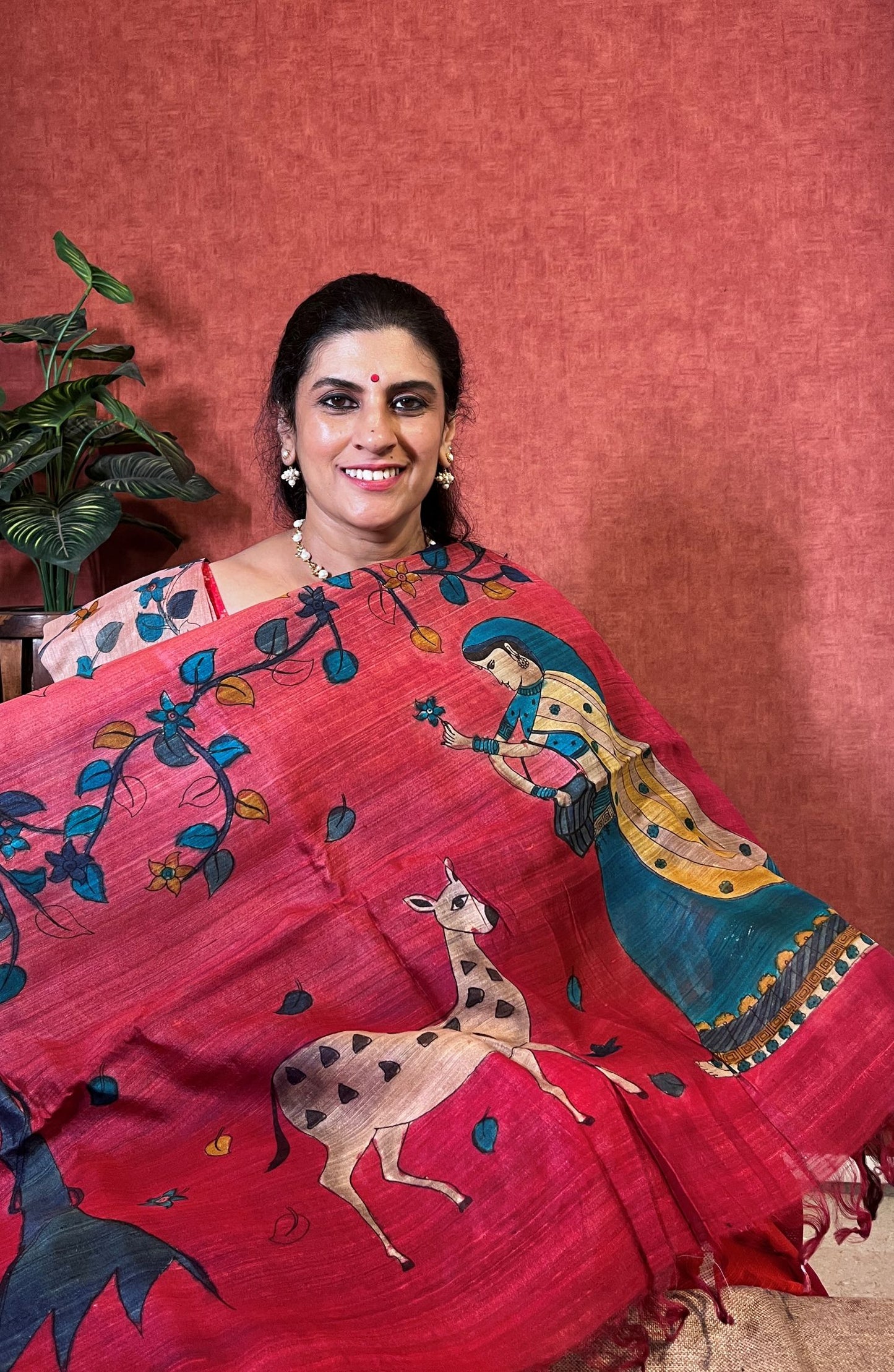 Pure Raw SIlk - Royal Blue Color with Kalamkaari Pallu and Zari Border and Printed Blouse