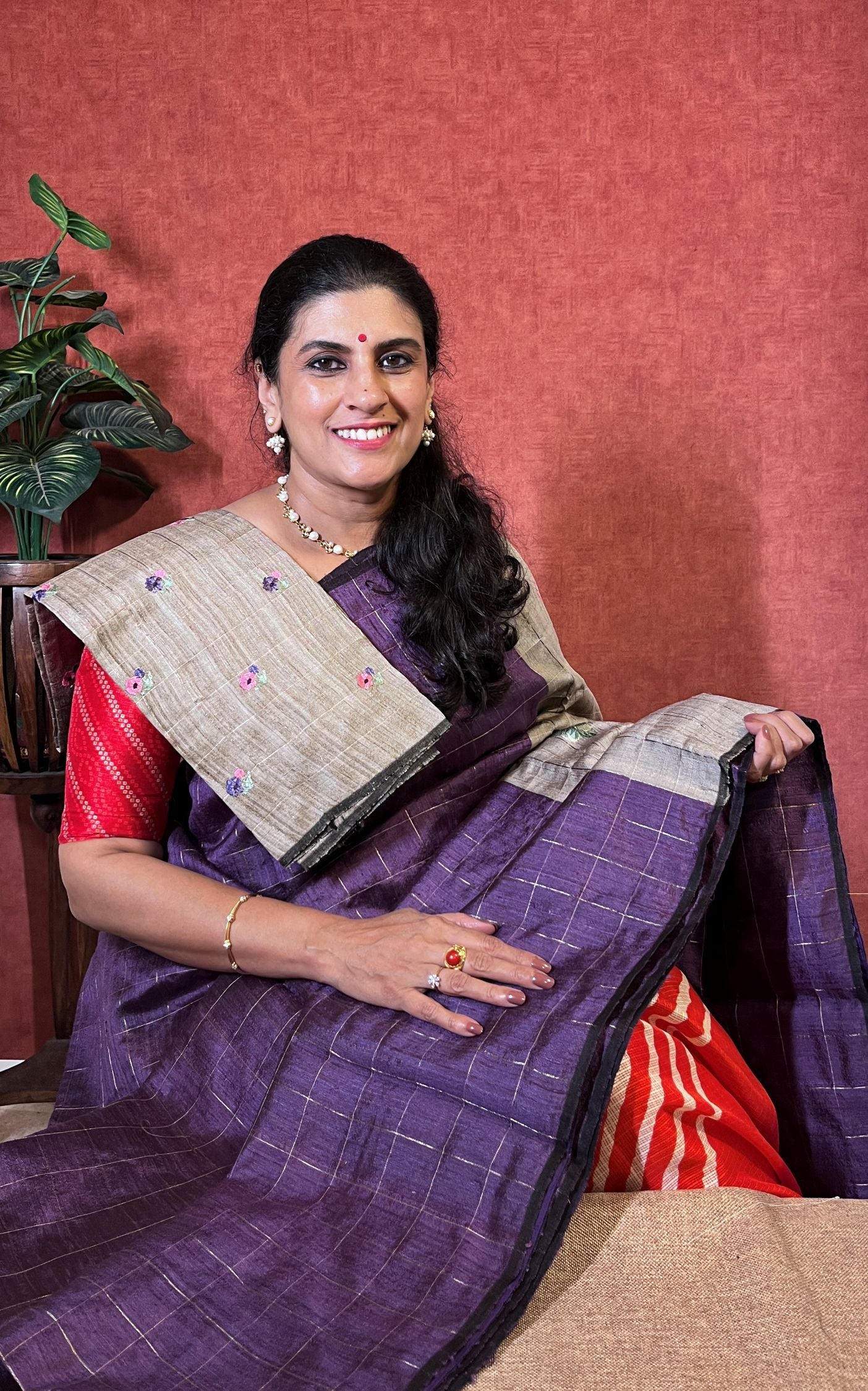 Pure Tussar - Purple Color Checked with Floral Design & Zari Border
