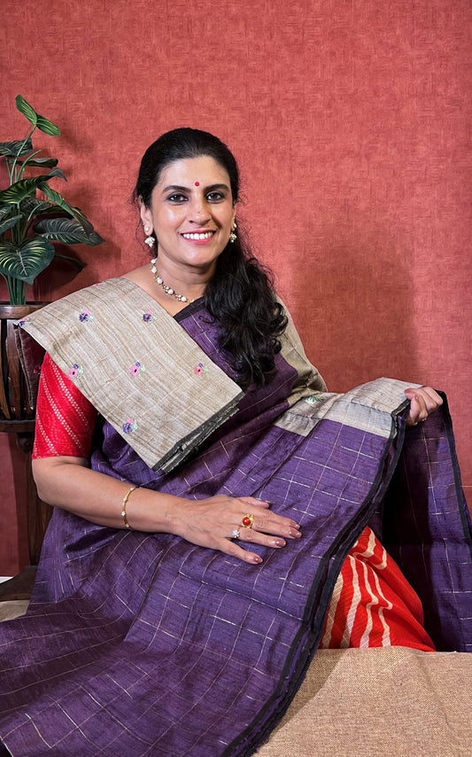 Pure Tussar - Purple Color Checked with Floral Design & Zari Border
