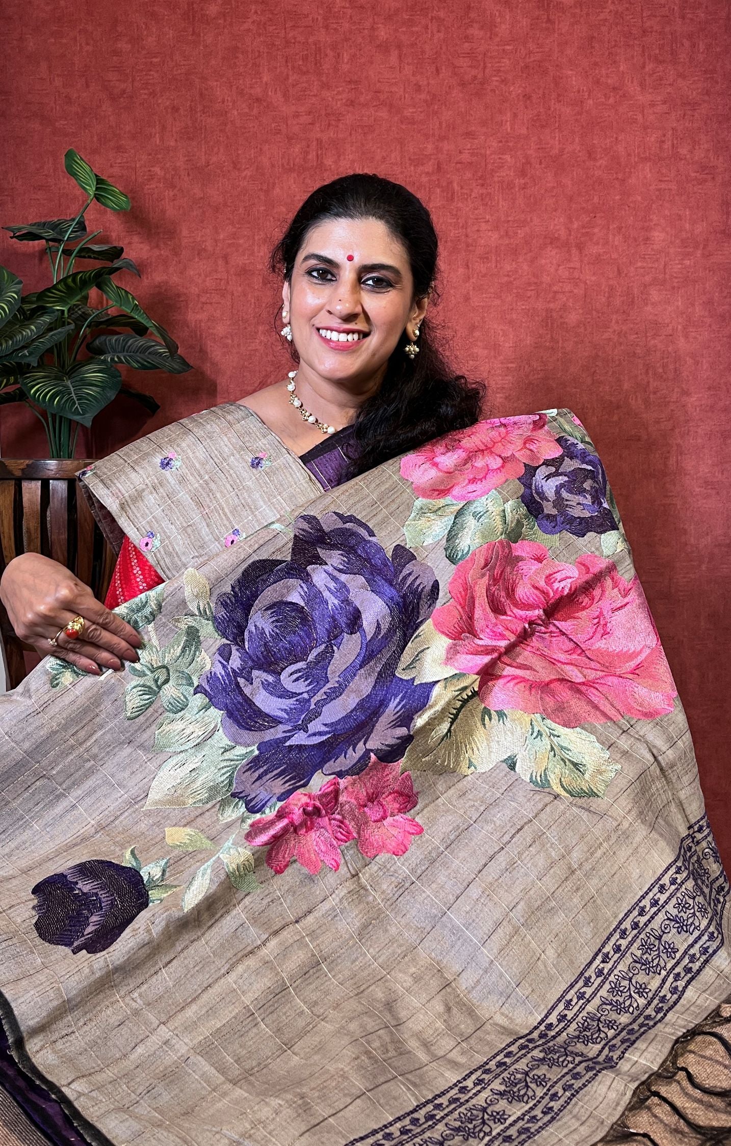 Pure Tussar - Purple Color Checked with Floral Design & Zari Border