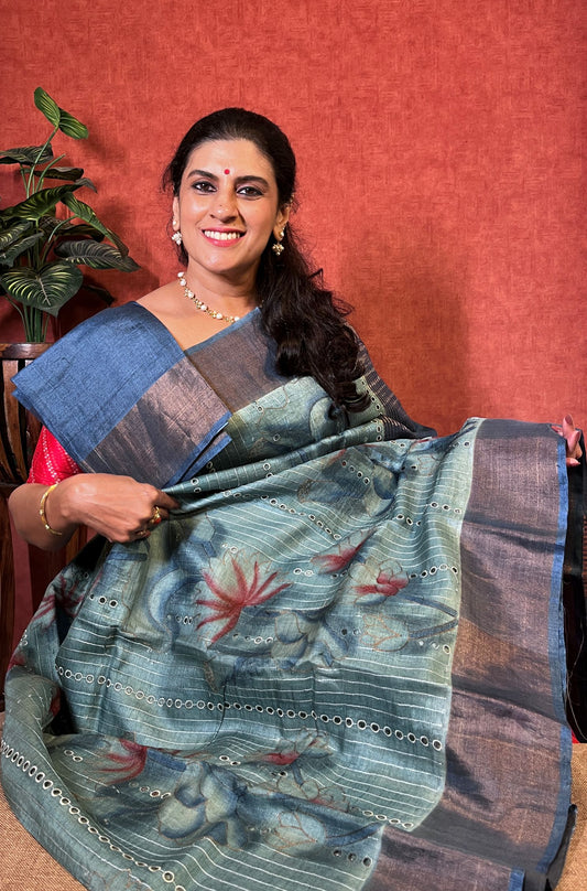 Pure Tussar - Teal Blue Color Floral Design with Zari Border and Embroidery