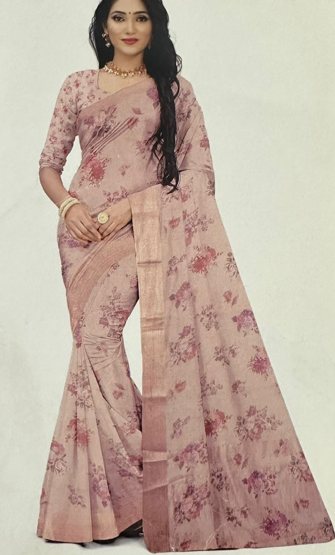 Fancy Saree -Baby Pink Color with Stitched Blouse