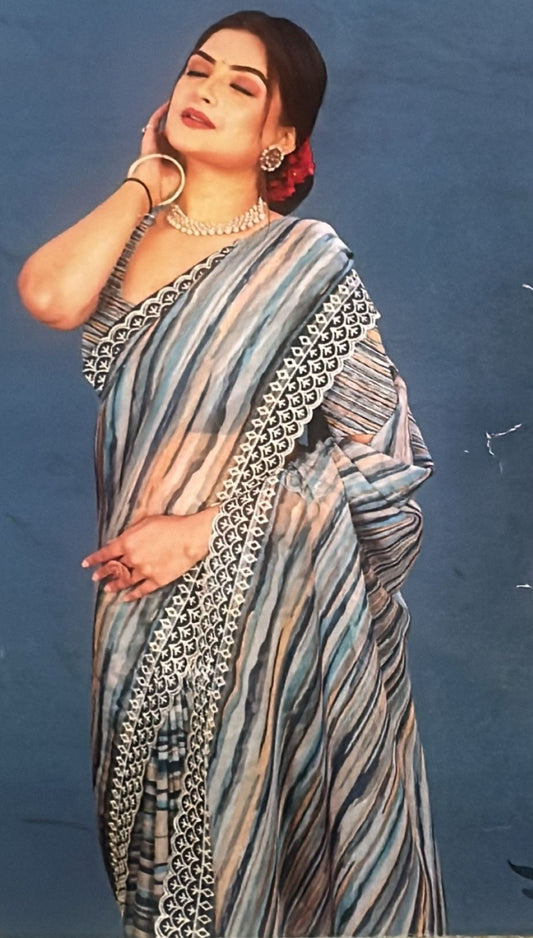 Fancy Semi Organza Saree-Shades of blue with Cutwork Border and Stitched Blouse