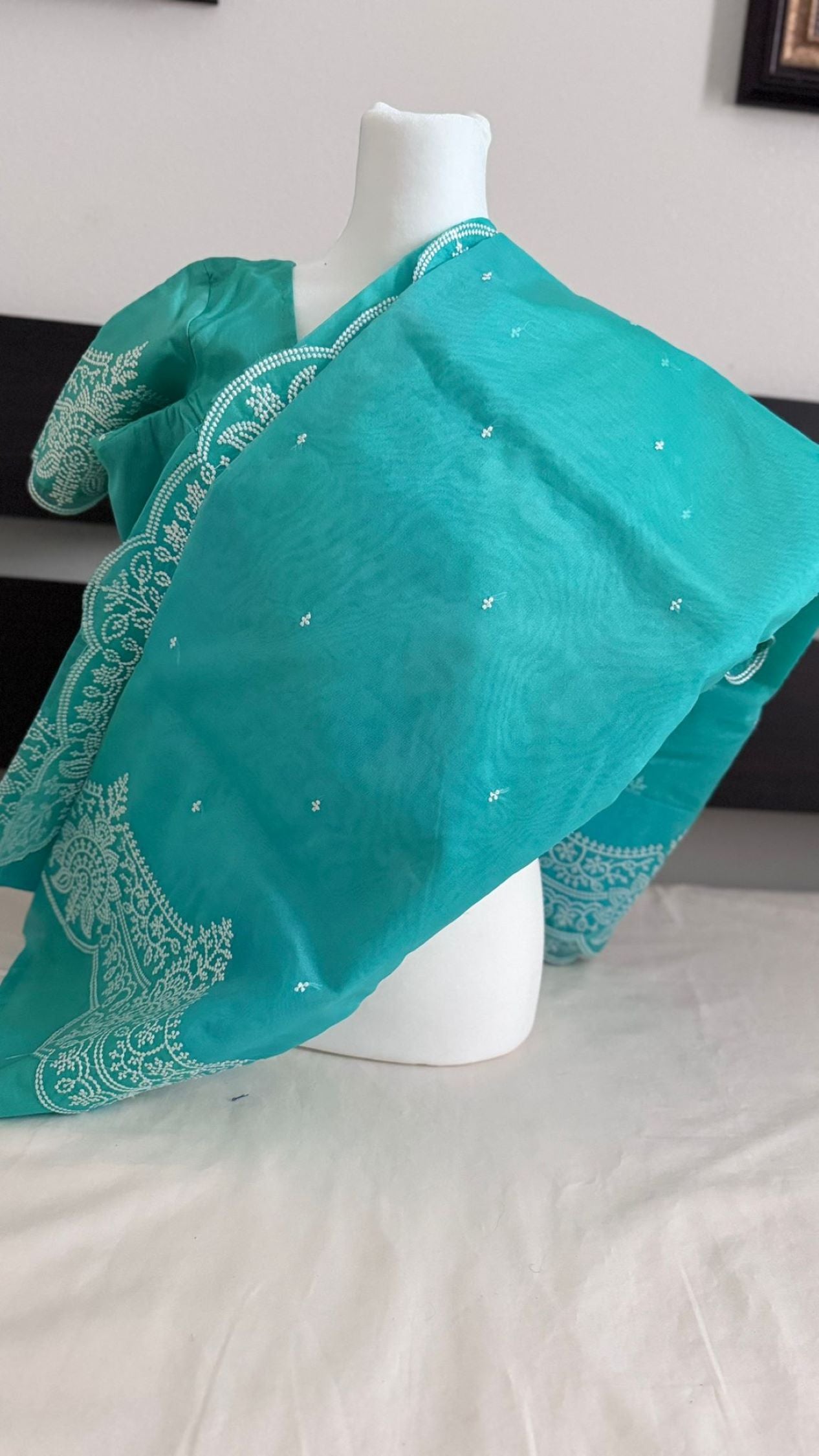 Banaras Semi Organza Saree - Teal Green Color with Cutwork, Embroidery, and Stitched Blouse